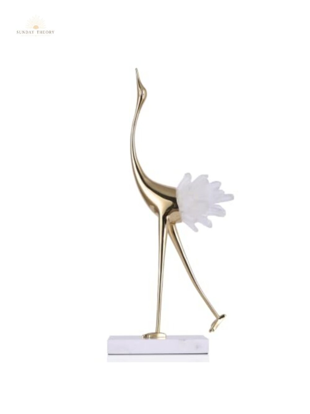 Elegant Brass Crane Figurine with Crystal Tail Accents, White Marble Base Home